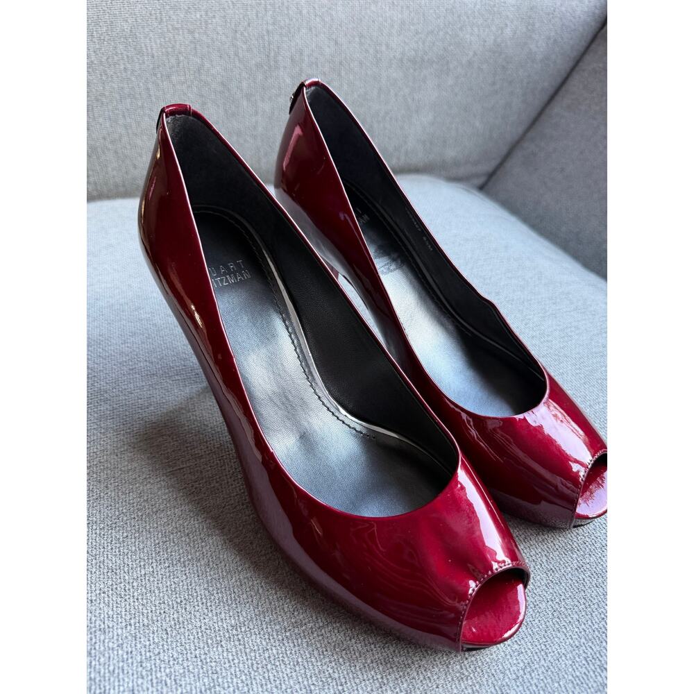 Stuart Weitzman Sierra Peep Toe Patent Leather Pump Burgundy Classic Sz 8.5